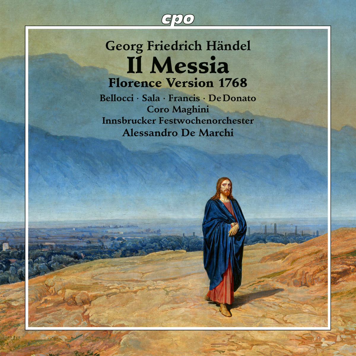 CD cover for Handel’s “Messiah” featuring a man in blue robes.
