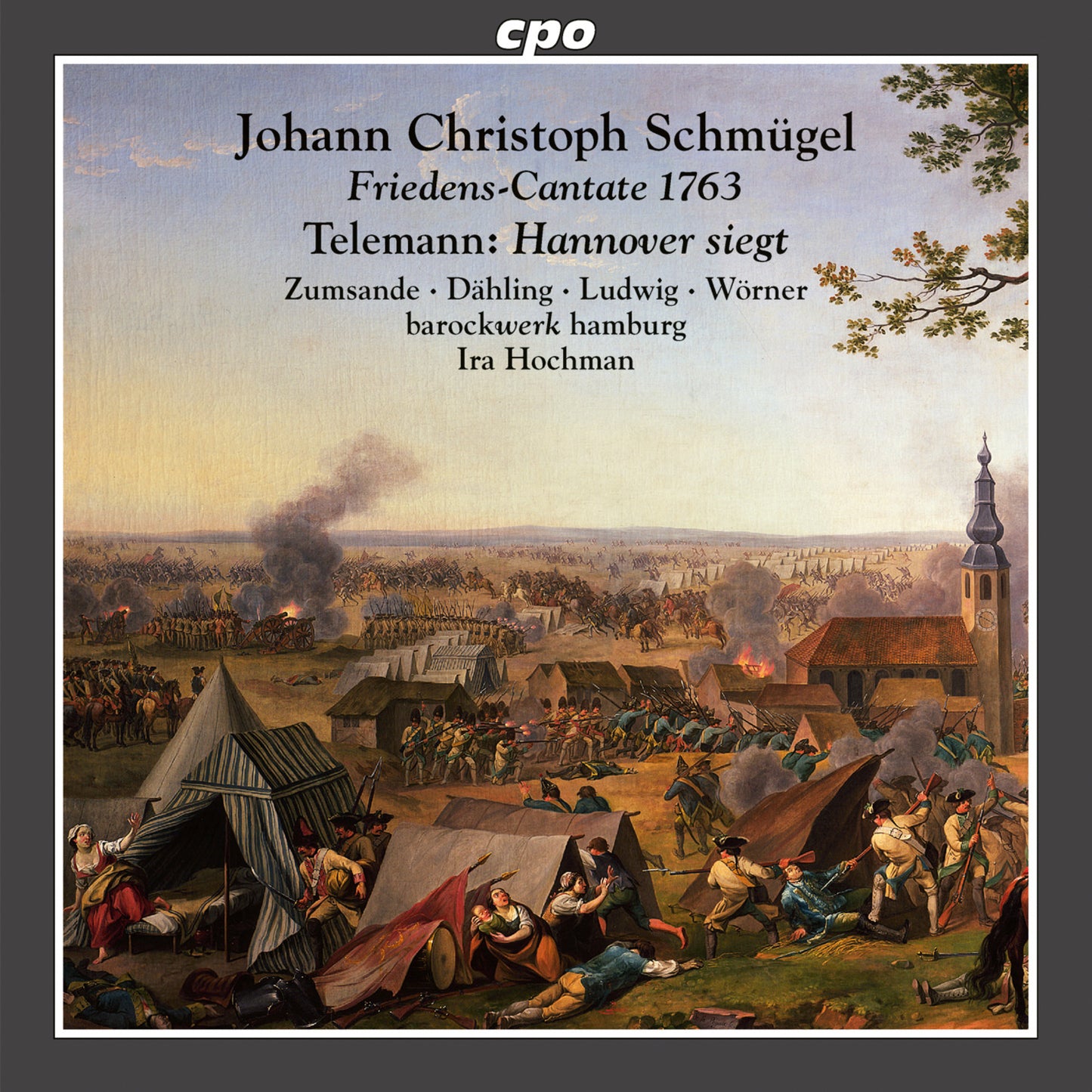 CD cover featuring a historical battle painting with soldiers, tents, and a church tower.