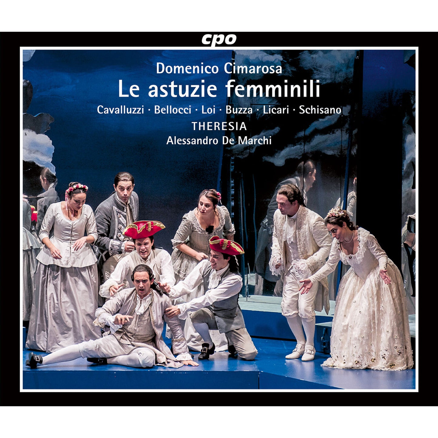 Opera stage scene with performers in 18th-century costumes, CD cover art.