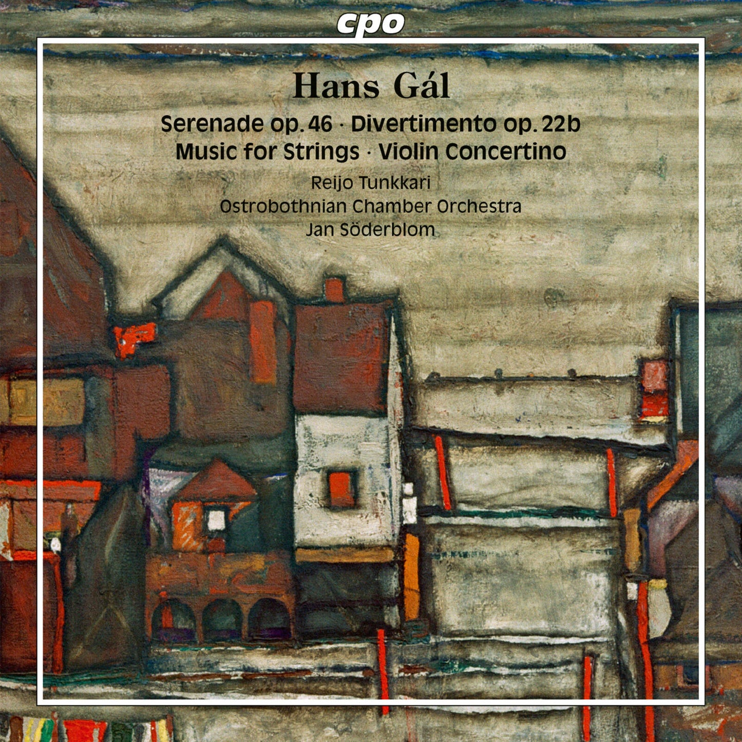 CD cover featuring abstract art of colorful buildings and musical text.