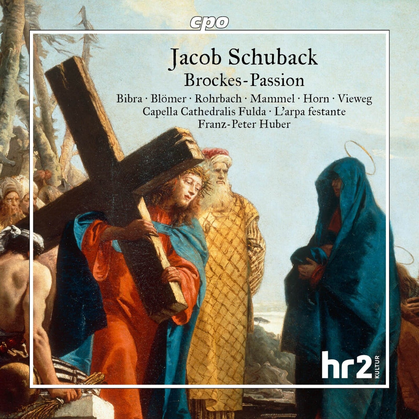 CD cover depicting Jesus carrying the cross, with figures in blue robes.