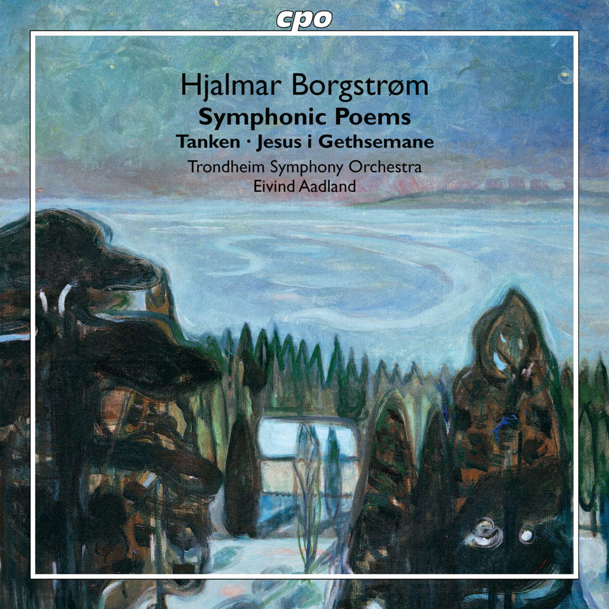 CD cover: landscape painting of mountains and a small building.
