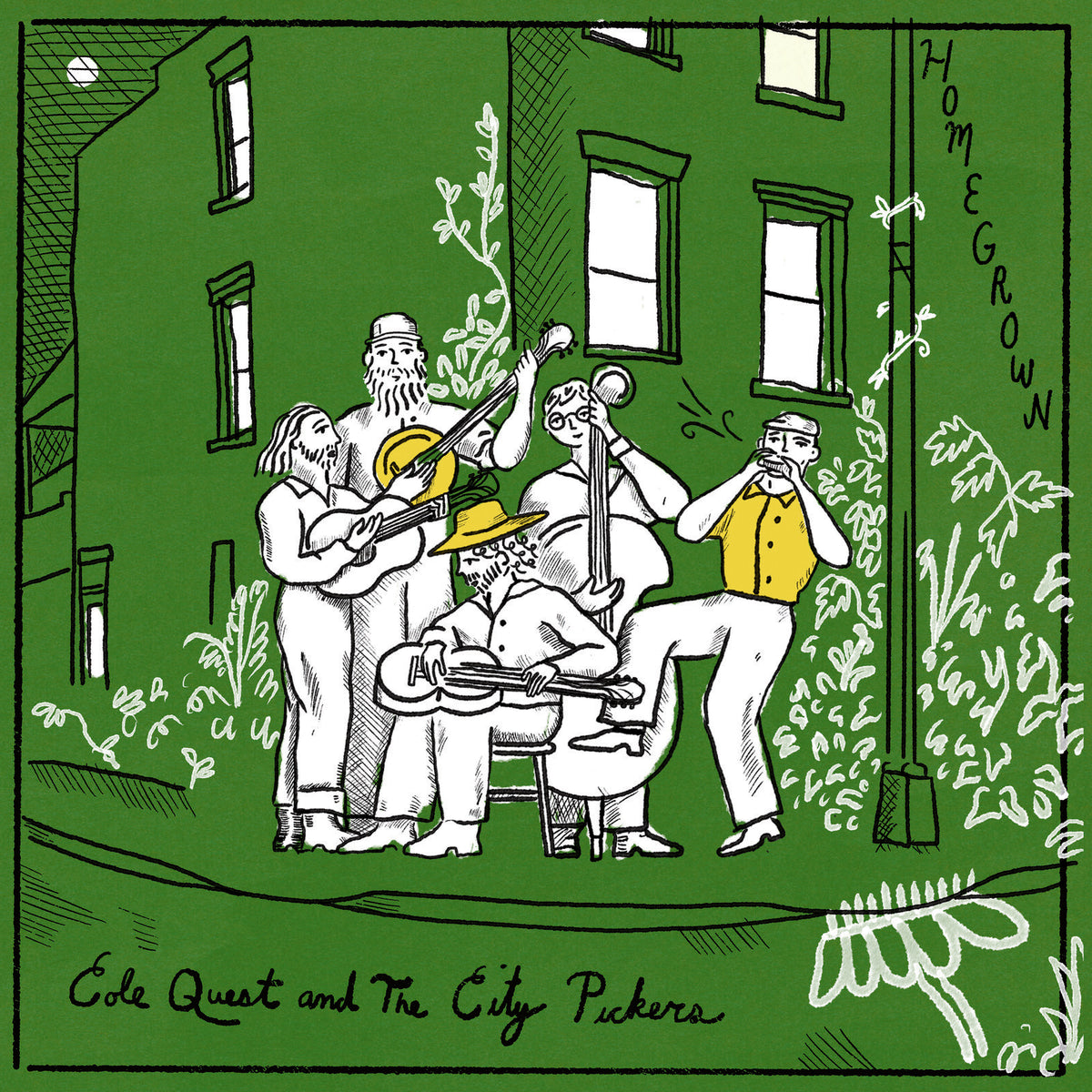 Green album cover depicting four musicians playing instruments outdoors.
