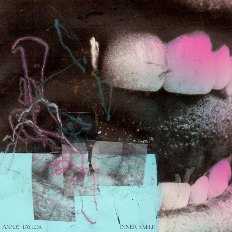 Abstract album cover with pink and teal, featuring fragmented face imagery.