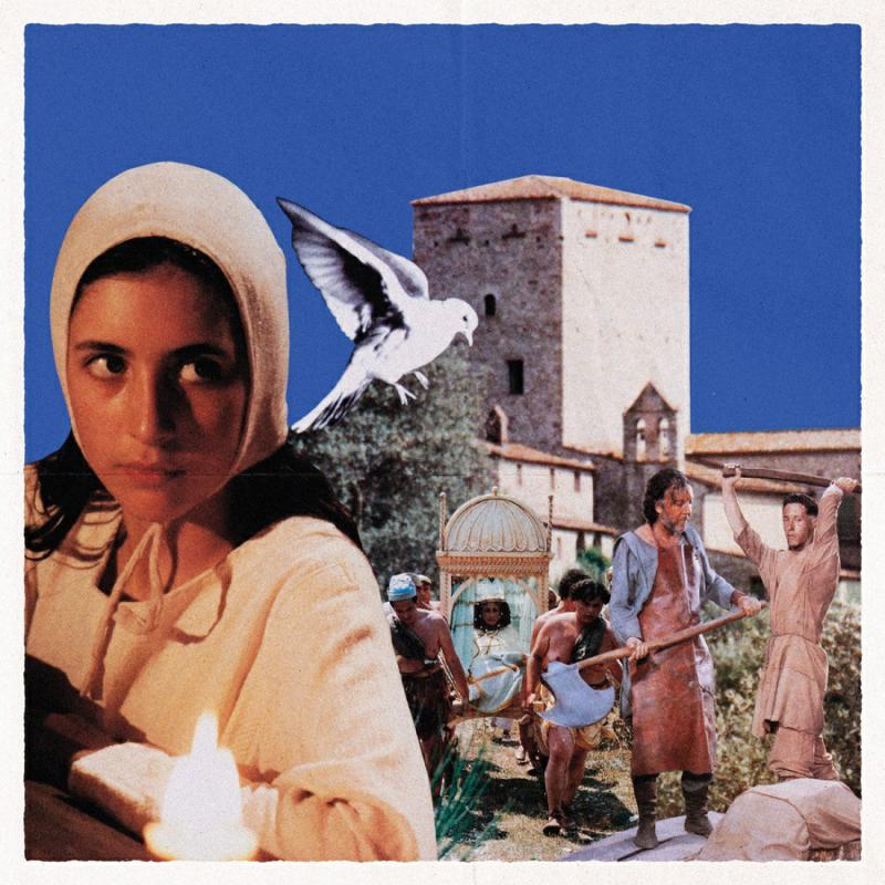 Album cover featuring a woman, dove, tower, and figures in a landscape.