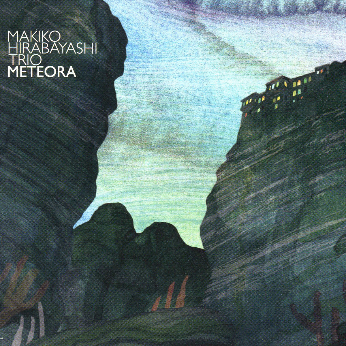 Painted album cover for Makiko Hirabayashi Trio's "Meteora," featuring a monastery.