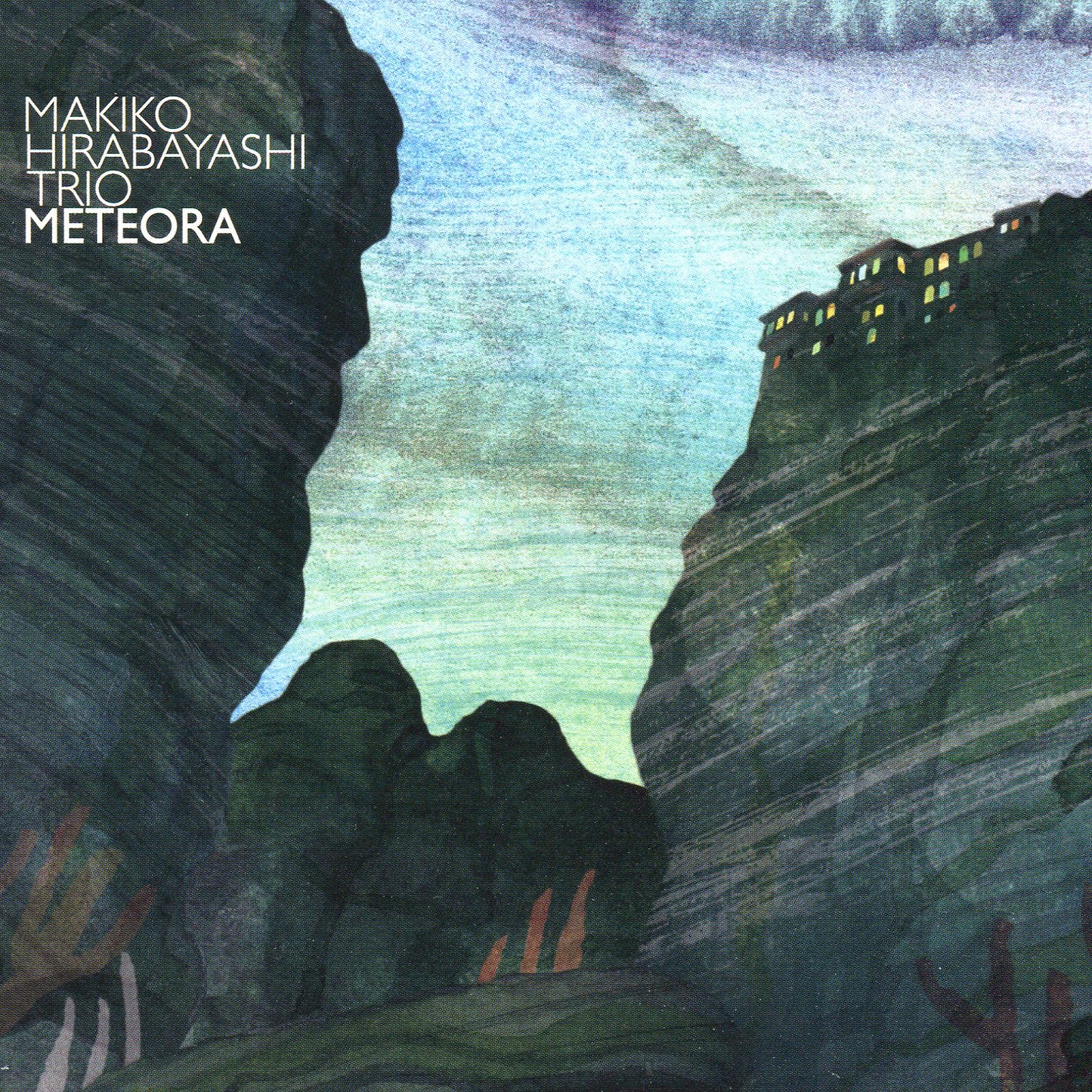 CD cover for Makiko Hirabayashi Trio’s “Meteora” featuring a painted landscape.
