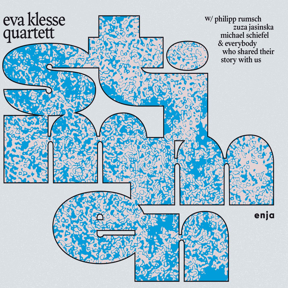 CD cover for Eva Klesse Quartet’s “Stimmen,” featuring abstract blue lettering.