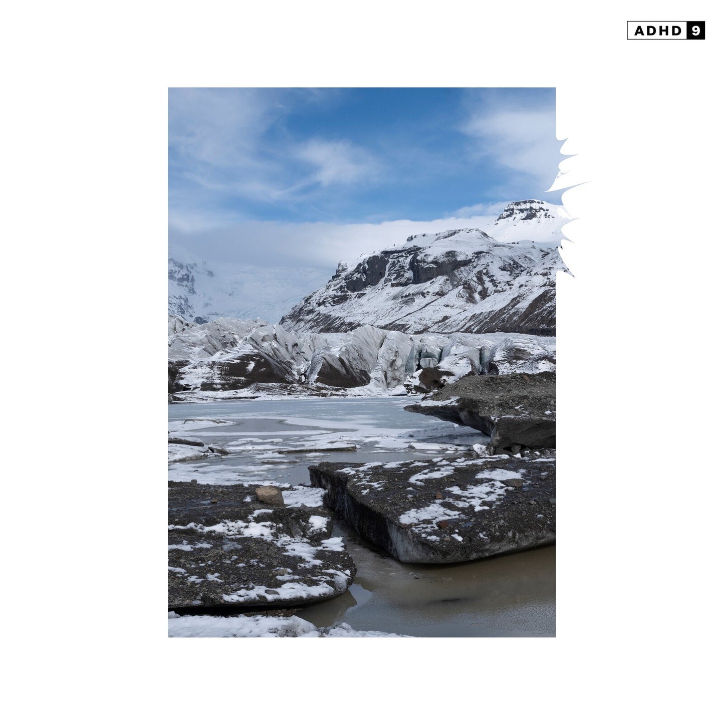 CD cover with a snowy Icelandic landscape of mountains and a glacier.