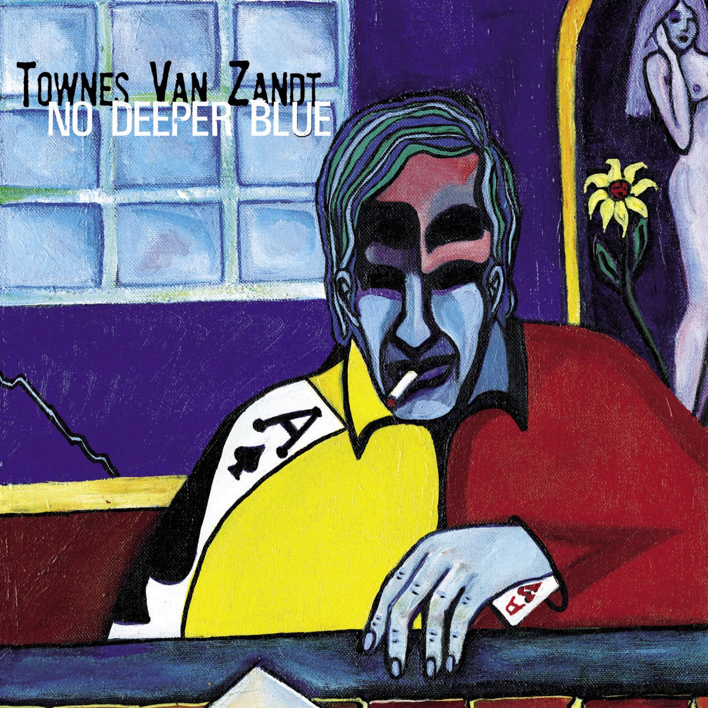 Stylized painting of a blue-skinned man smoking, wearing a shirt with an ace card design.