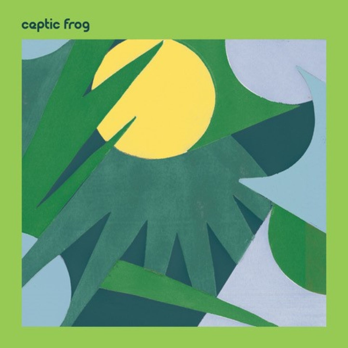 Green and yellow abstract frog illustration on a solid green background.