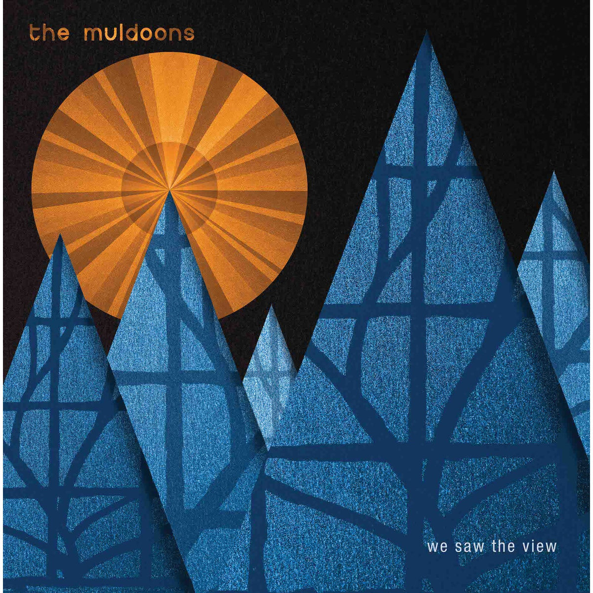Album cover: orange sunburst over blue, textured mountain peaks.