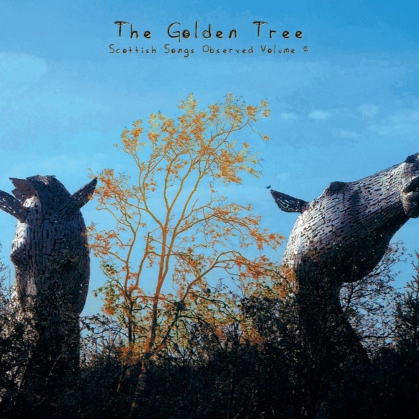CD cover: metal Kelpies flanking a golden tree against a blue sky.