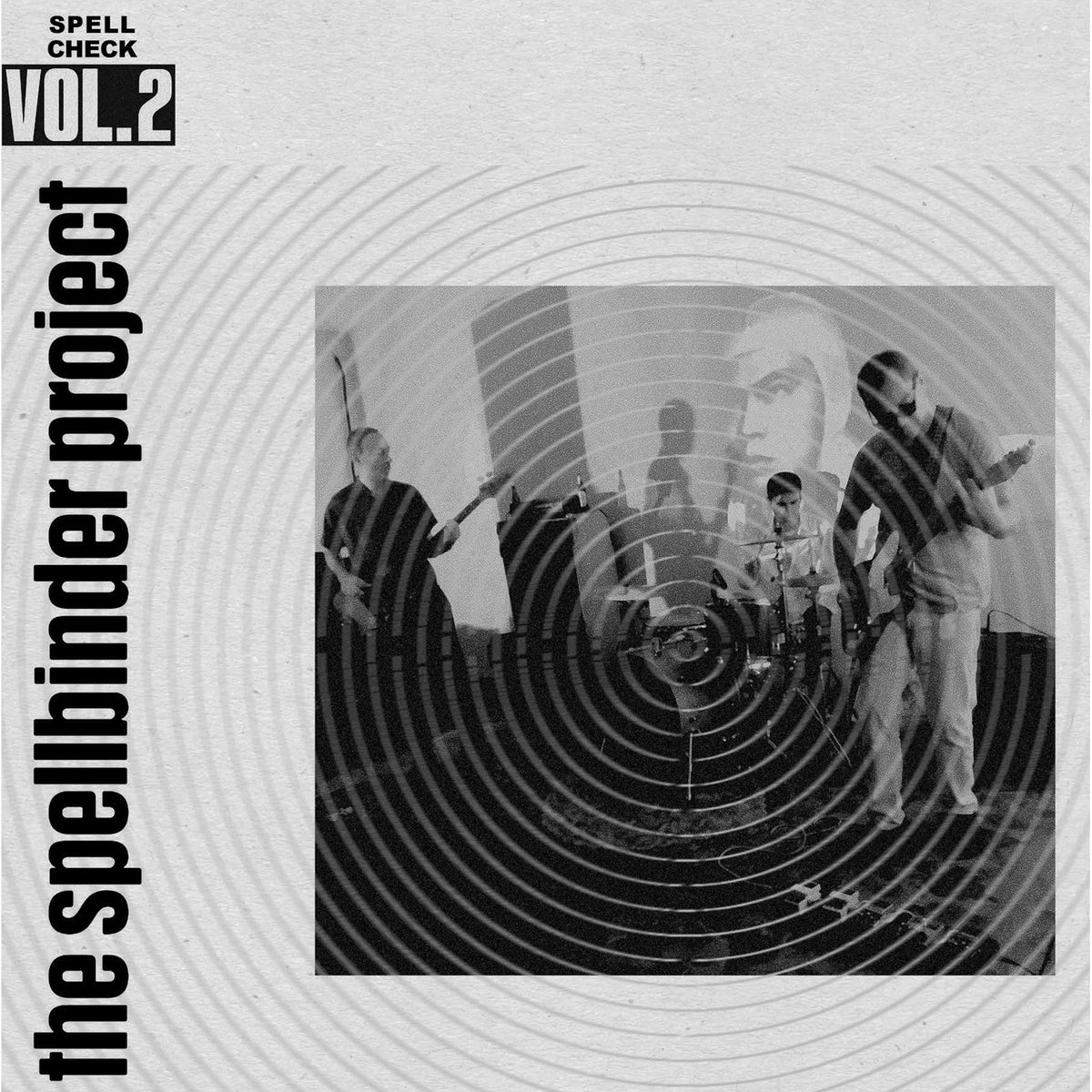 Vinyl record cover featuring a black and white band photo and text.