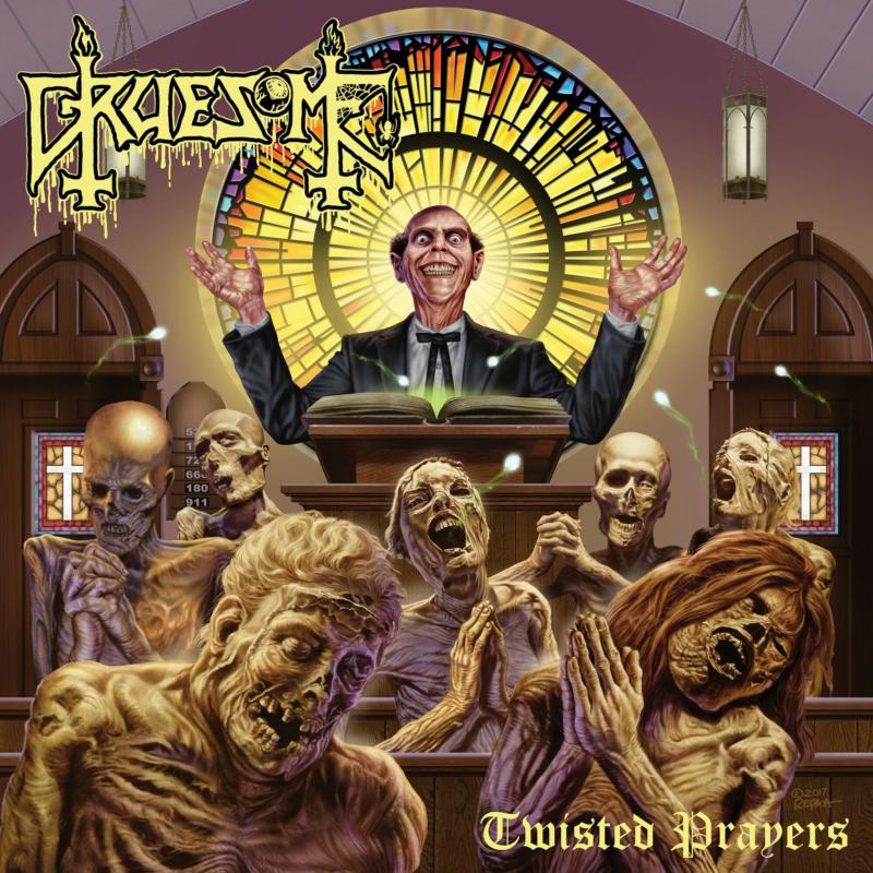 Album cover: preacher before undead congregation in a stained-glass church.