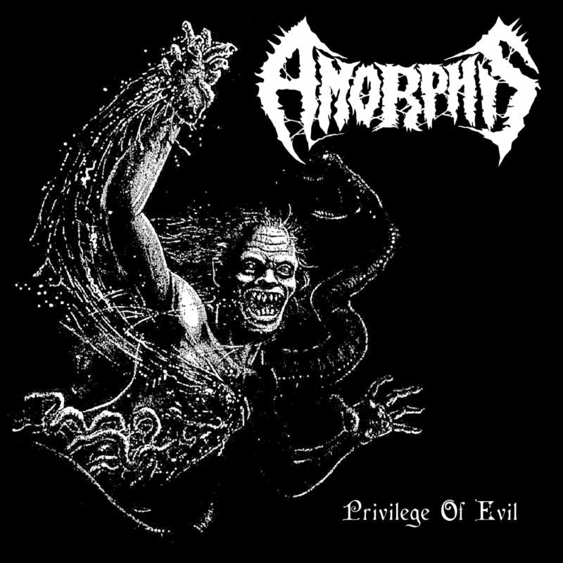Black and white album cover for Amorphis’ “Privilege Of Evil” featuring dark imagery.
