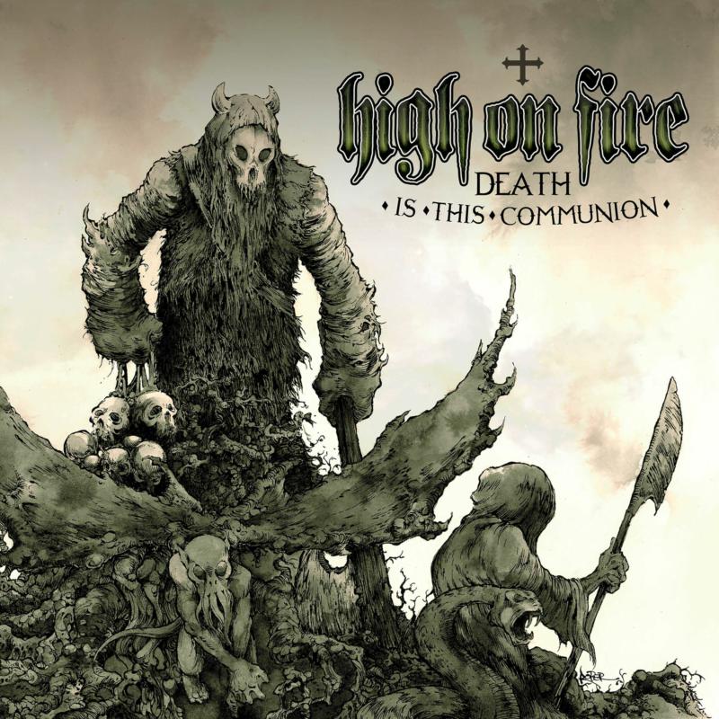 Dark fantasy album cover with skeletal figures and band title “High On Fire”.