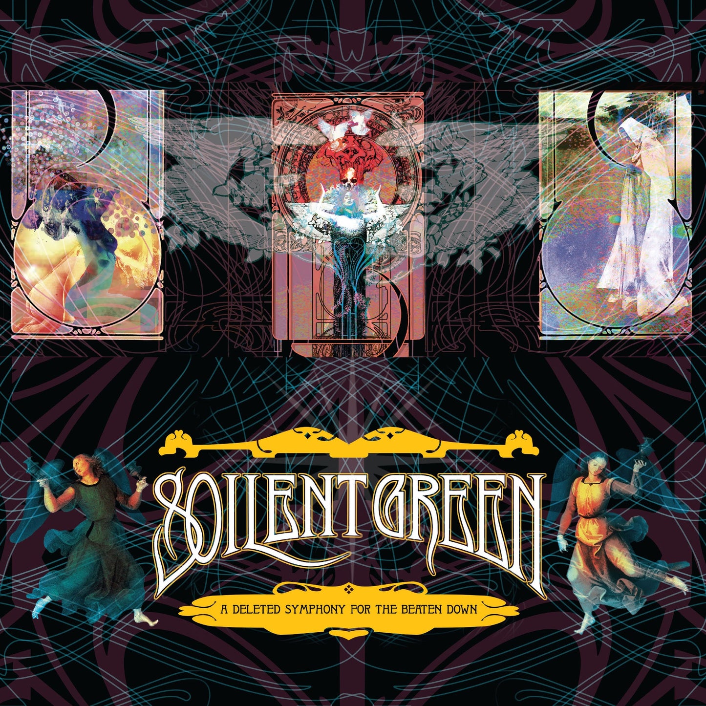 Dark album cover with ornate script, figures in frames, and central sculpture.