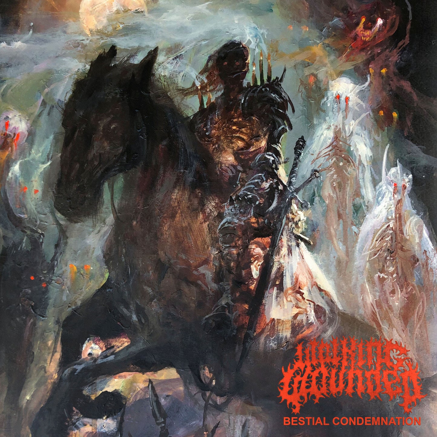 Dark, textured painting of a monstrous figure with clawed hands.