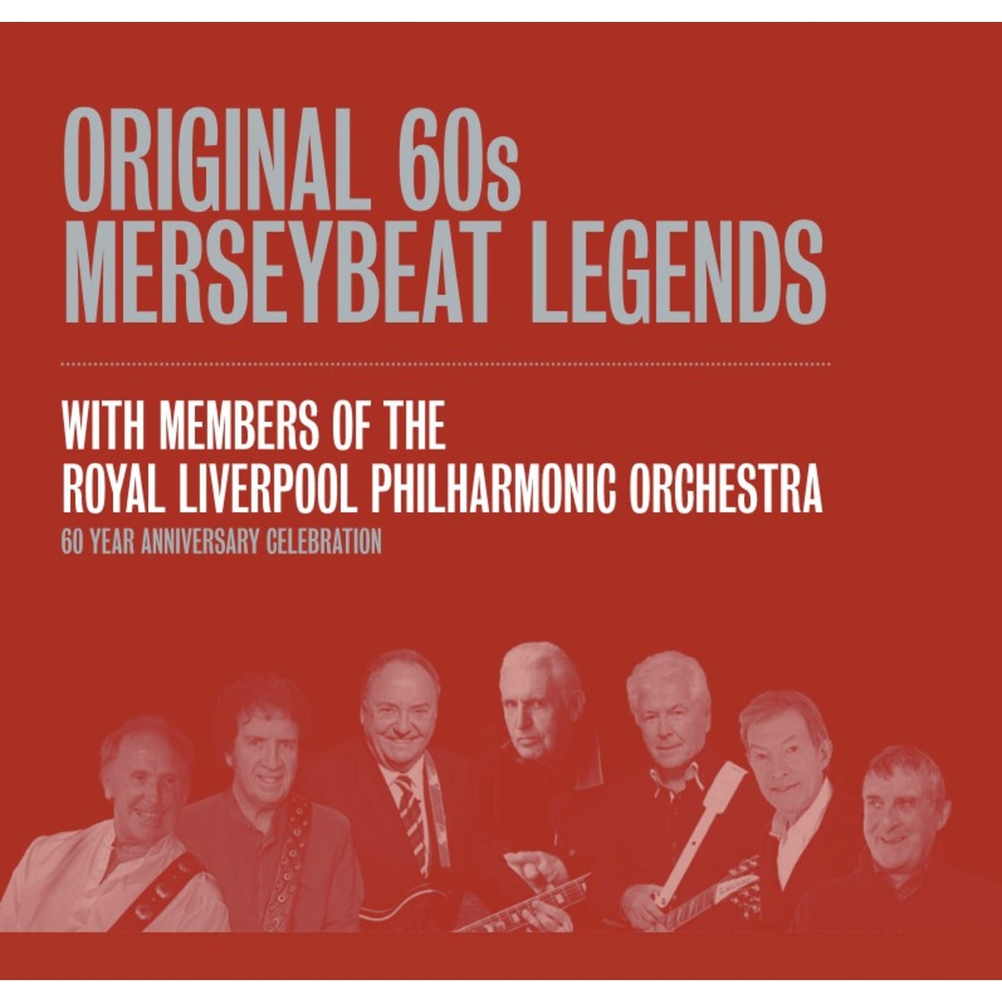 Red CD cover featuring six older musicians and text: "Original 60s Merseybeat Legends".