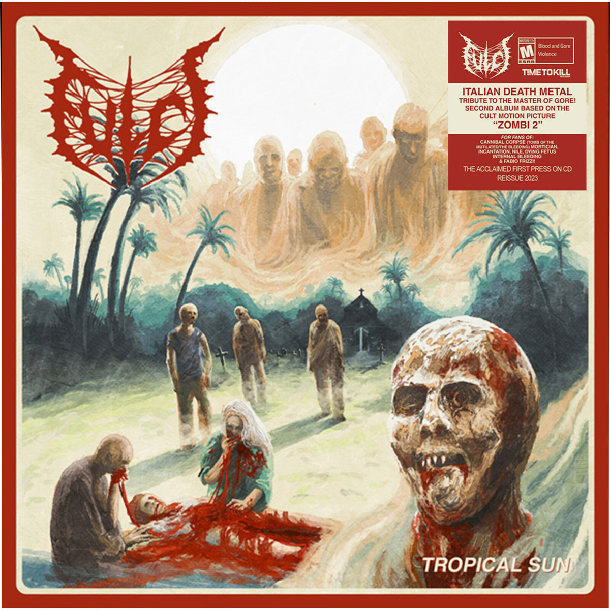 Vinyl record cover depicting a zombie horde in a tropical setting.