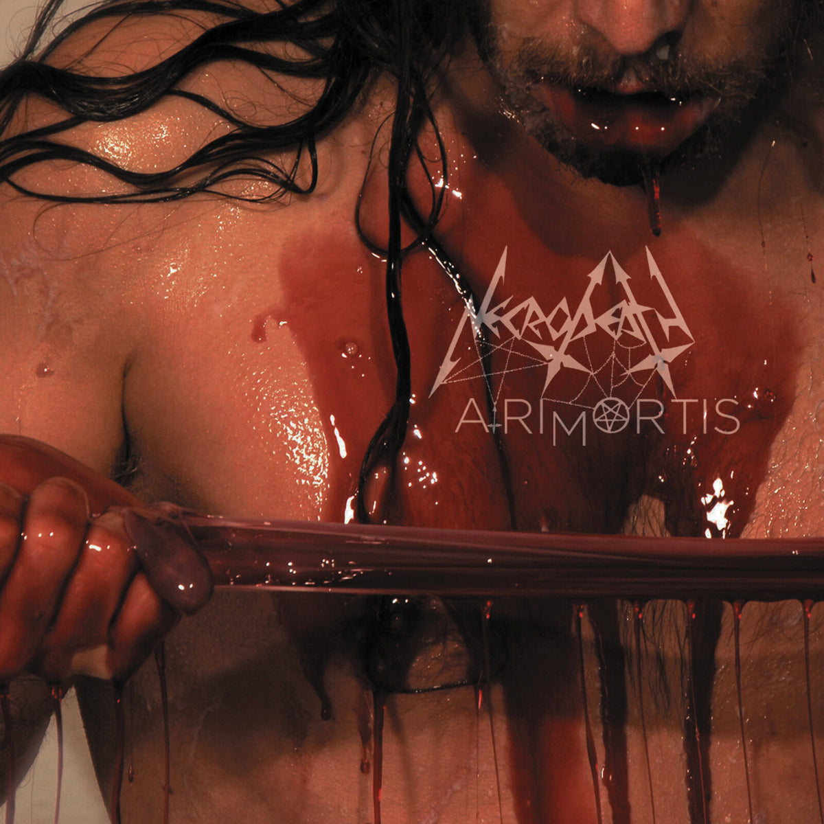 Close-up of a bloody figure with the album title "Arimortis" overlaid.