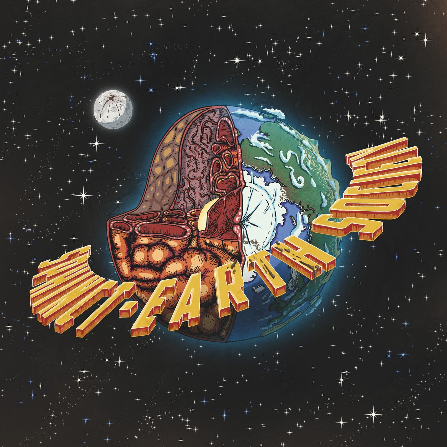 Anatomical earth illustration with text “Sphinct-earth Society” against a starry sky.