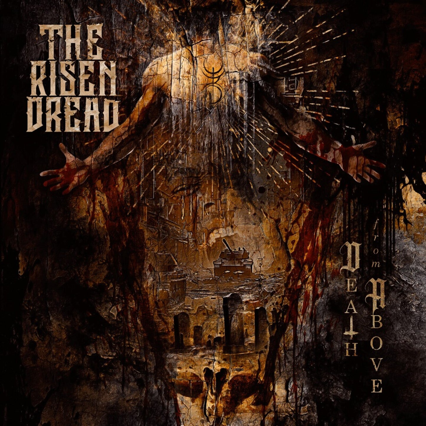 Dark album cover with a skull, city, and outstretched, bloody hands.