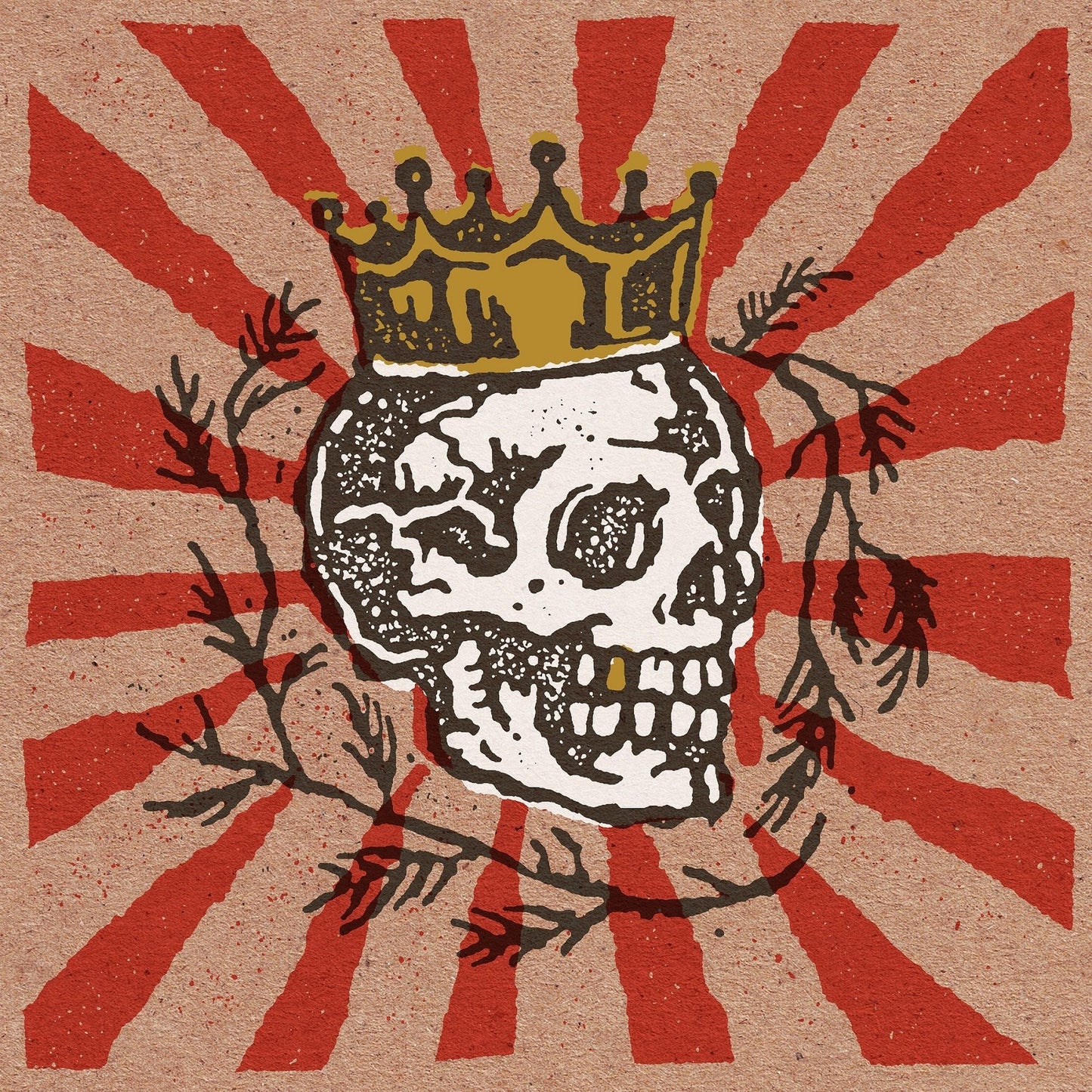 Skull wearing a crown, surrounded by red rays and branches.