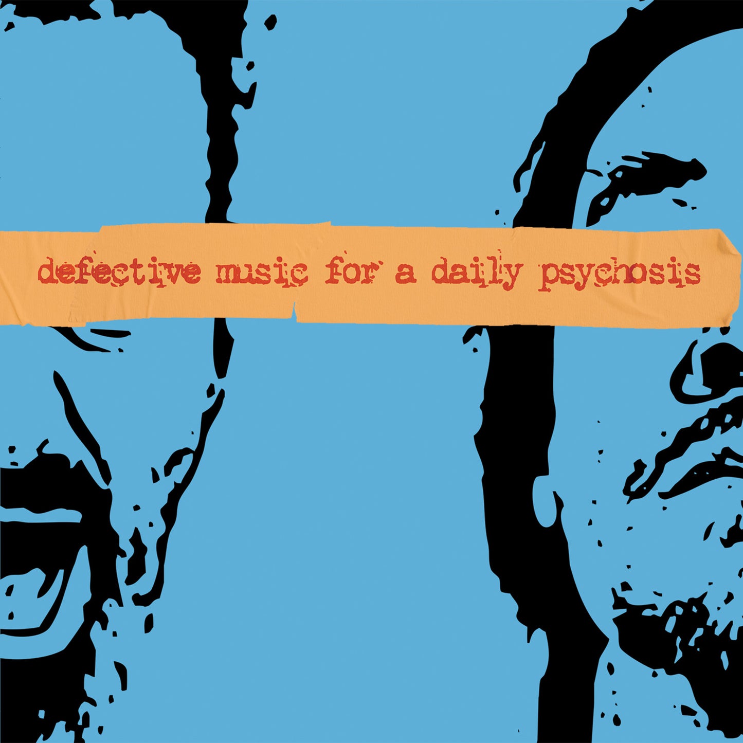 Blue and black abstract faces with orange tape reading "defective music".