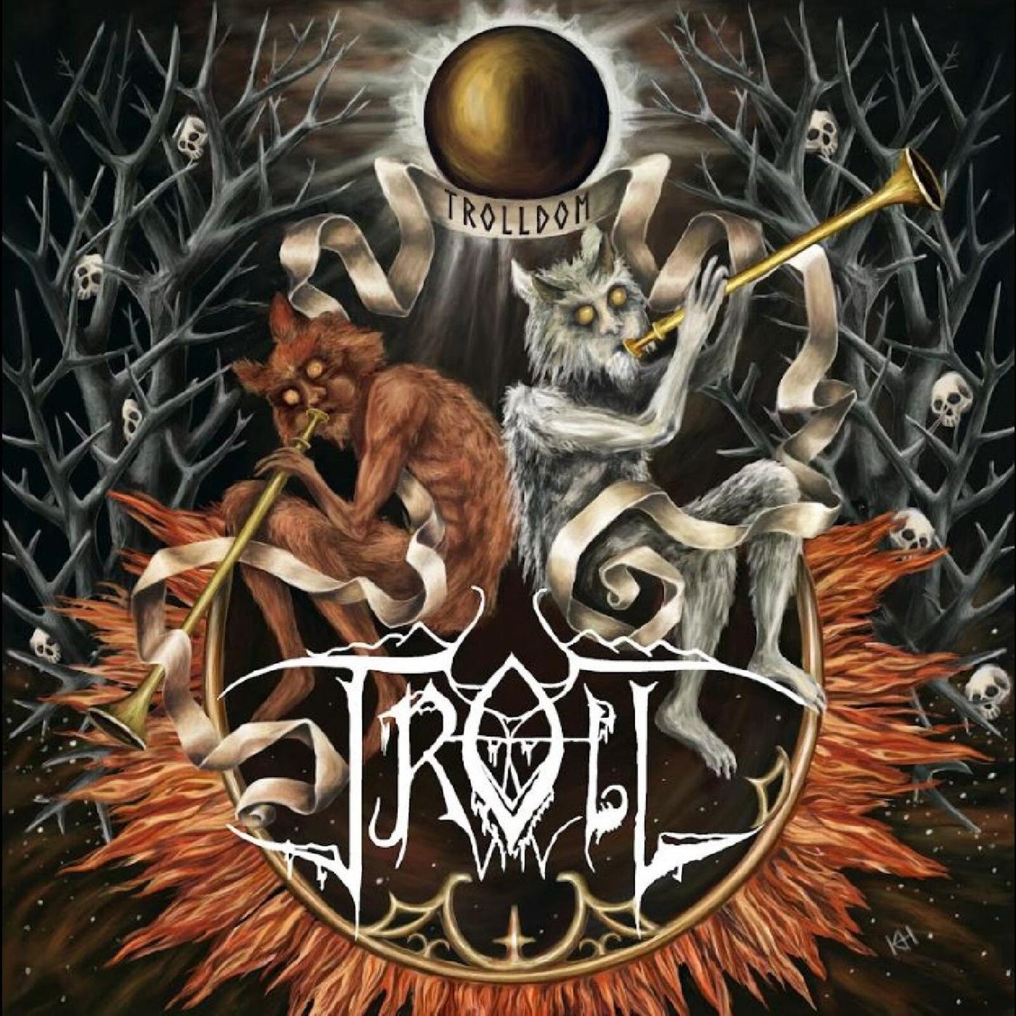 Dark fantasy album cover featuring two trolls and skulls in branches.