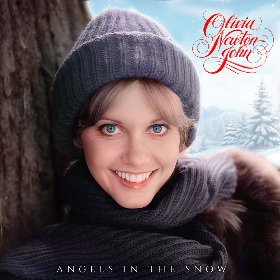 Olivia Newton-John smiling, wearing a winter hat and scarf, snowy background.