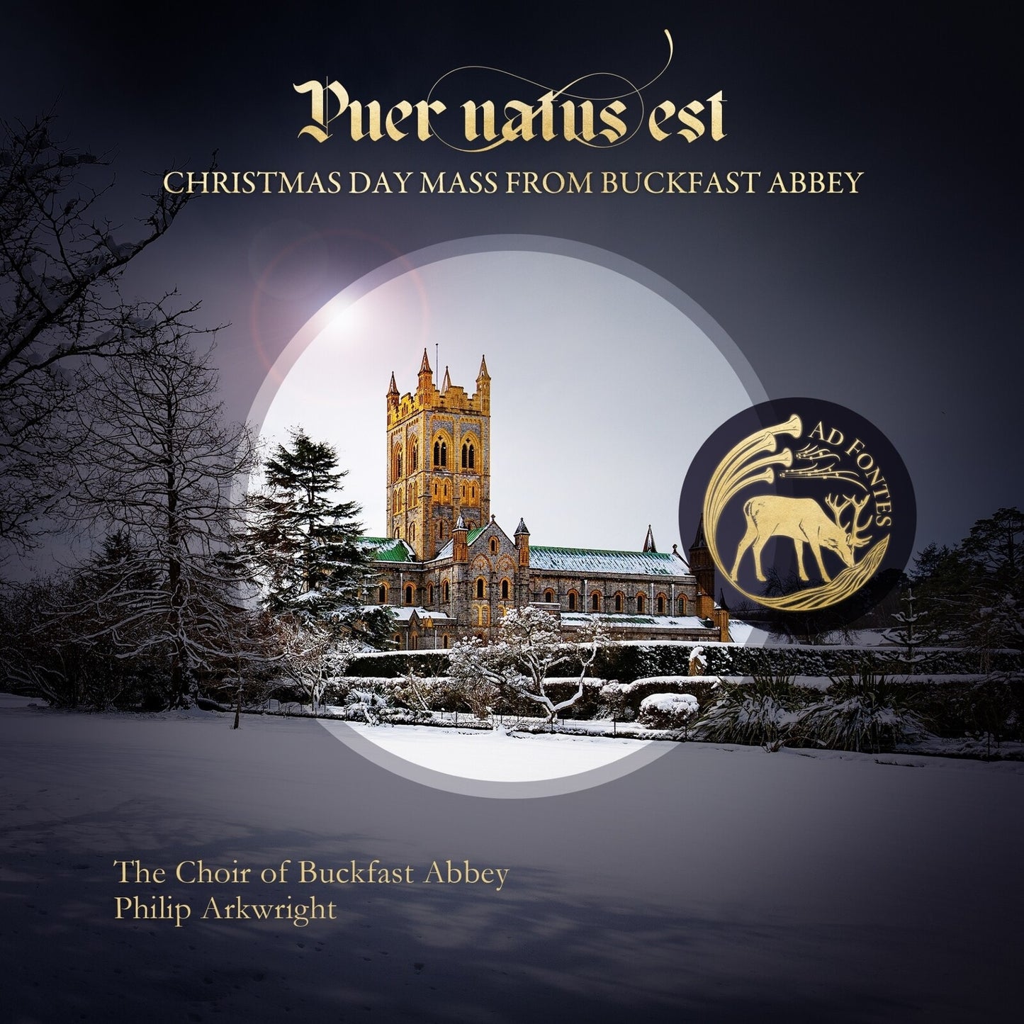 CD cover: Buckfast Abbey illuminated at night with winter landscape.
