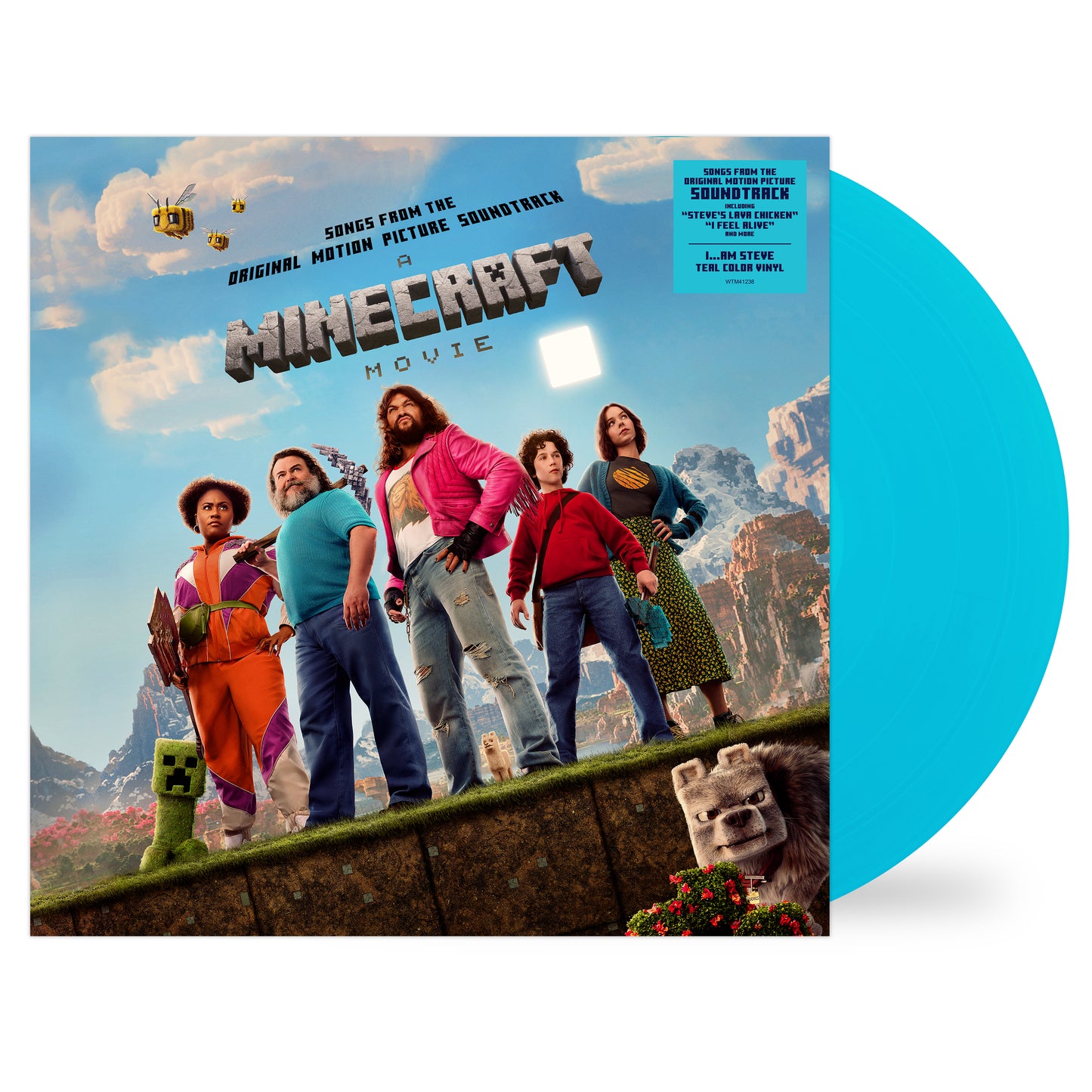 A Minecraft Movie soundtrack vinyl record with a teal disc and cast cover art.