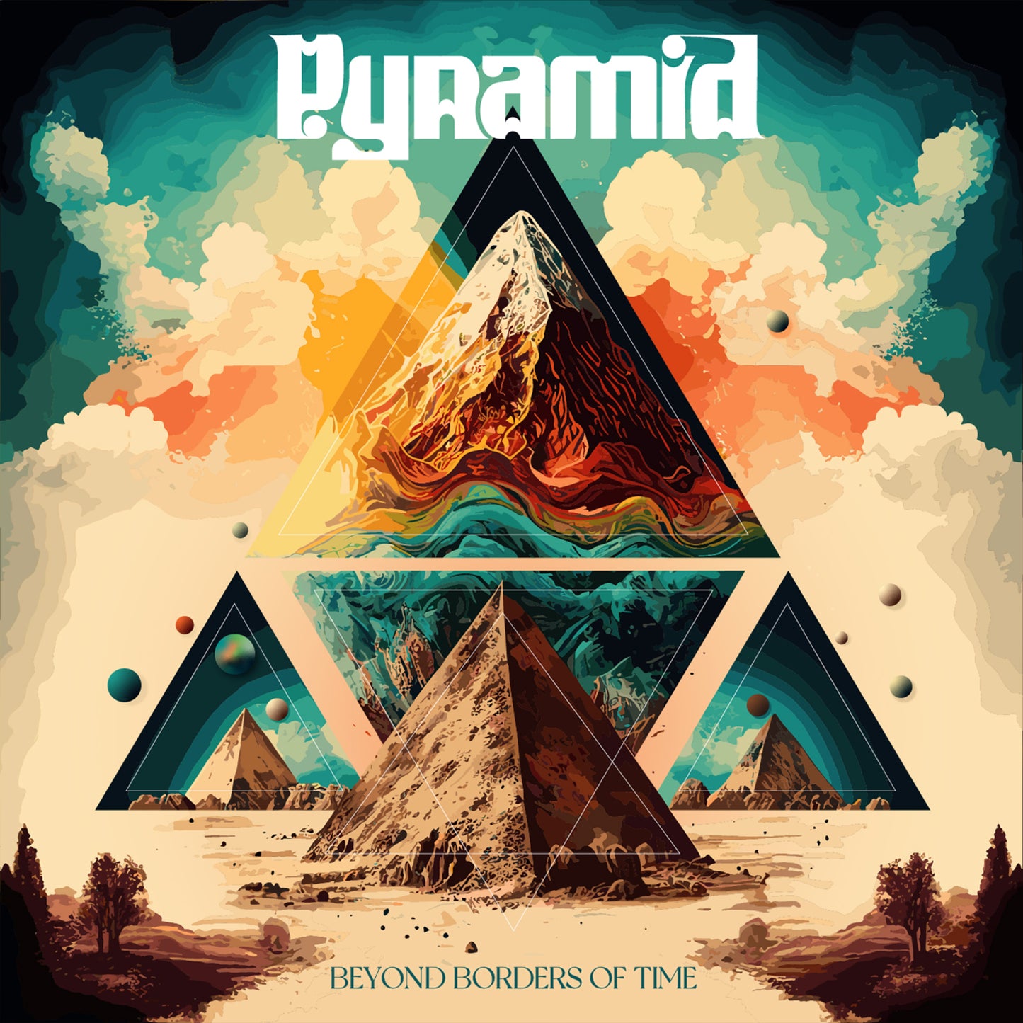 Vinyl album cover with a pyramid, mountains, and geometric shapes.