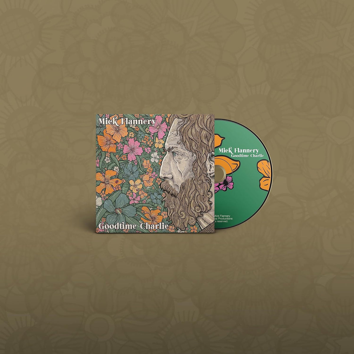 CD cover for Mick Flannery’s “Goodtime Charlie” with floral portrait.