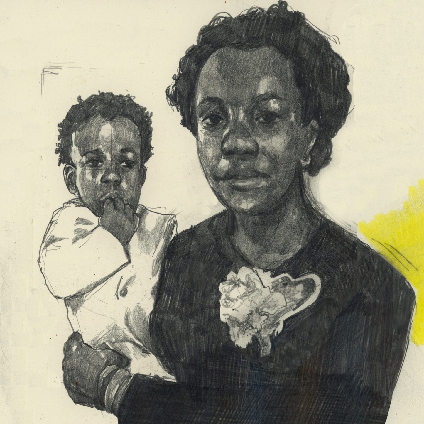 Pencil drawing of a woman holding a young child with a yellow accent.