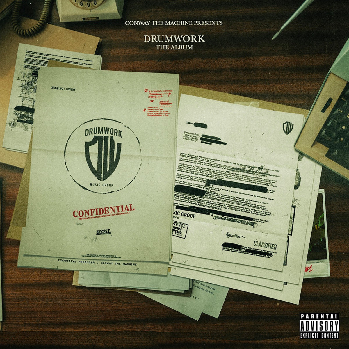 Album cover for Conway The Machineās āDrumworkā with papers and a phone.