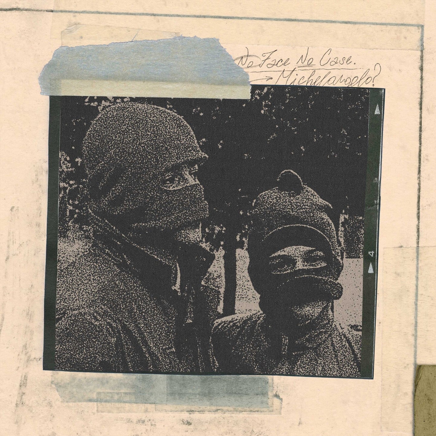 Grainy black and white photo of two people wearing balaclavas on a taped background.