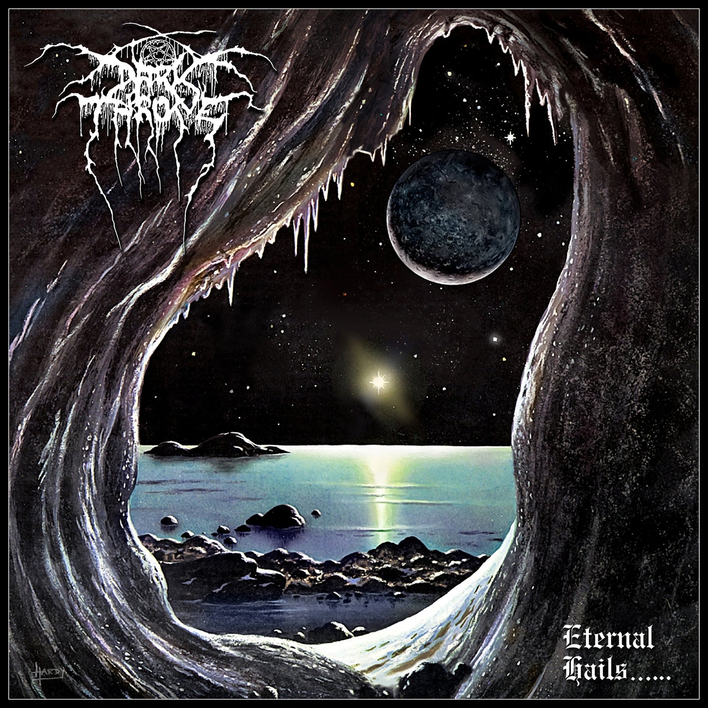Darkthrone “Eternal Hails” album cover: cave opening to a starry seascape.