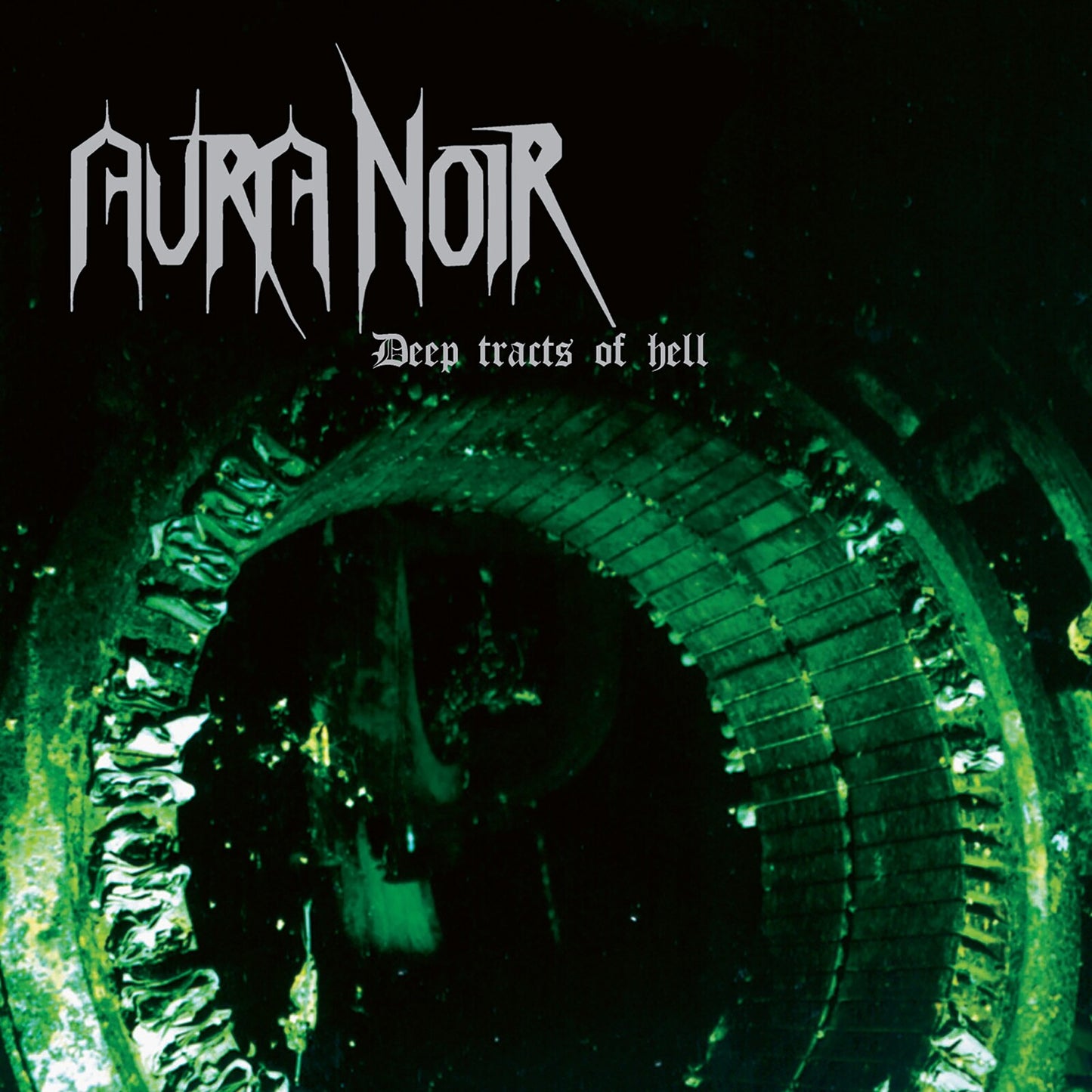 Aura Noir Deep Tracts of Hell album cover with green-lit industrial machinery in darkness.