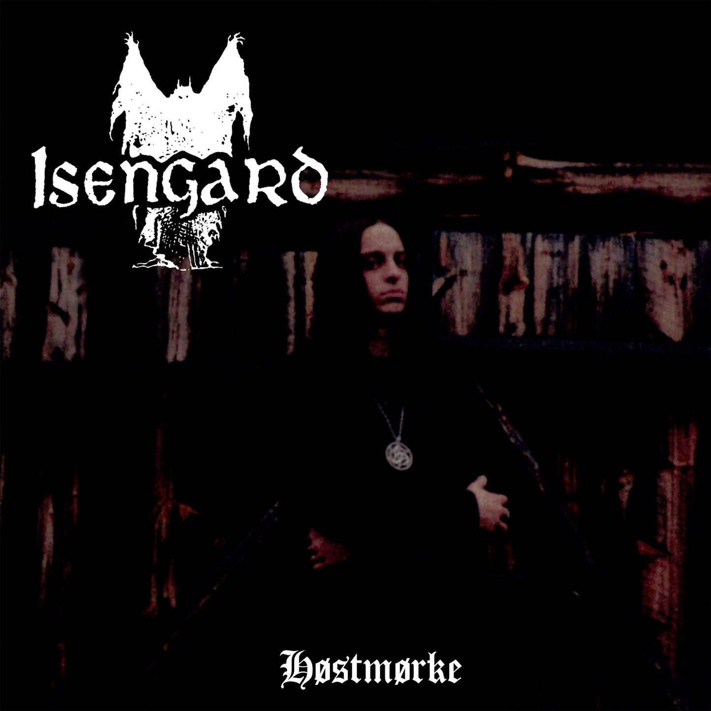 Dark album cover for Isengard’s “Hostmorke” featuring a figure in shadow.