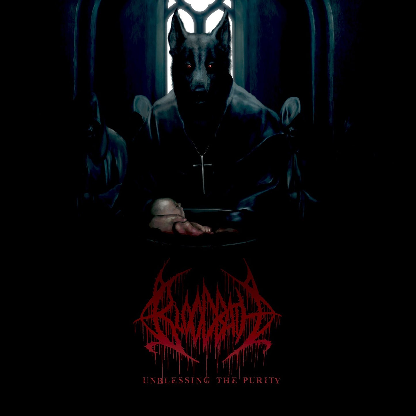 A wolf-like figure in a robe holds a baby before a red metal logo.