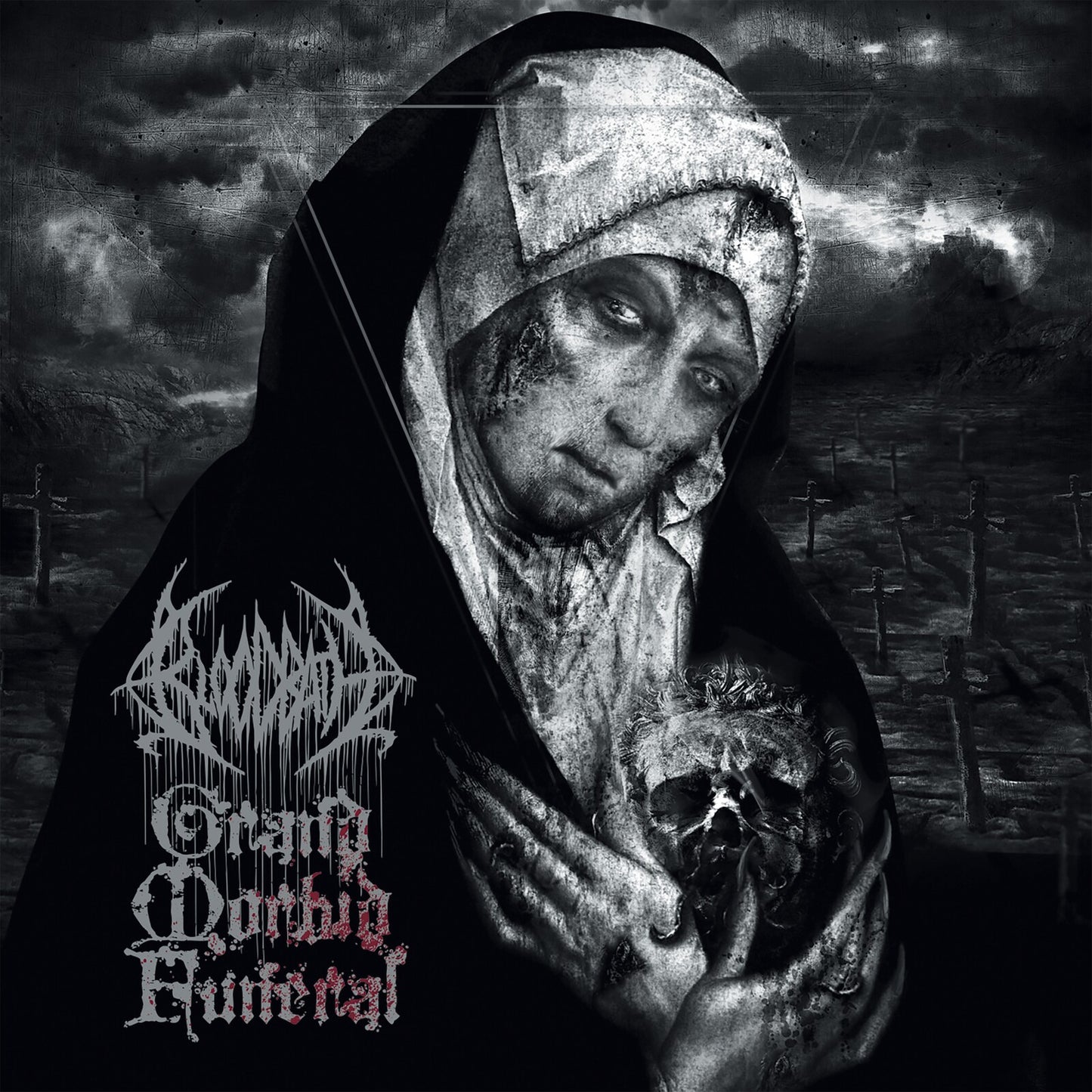 Monochrome album cover depicting a decaying figure holding a skull.