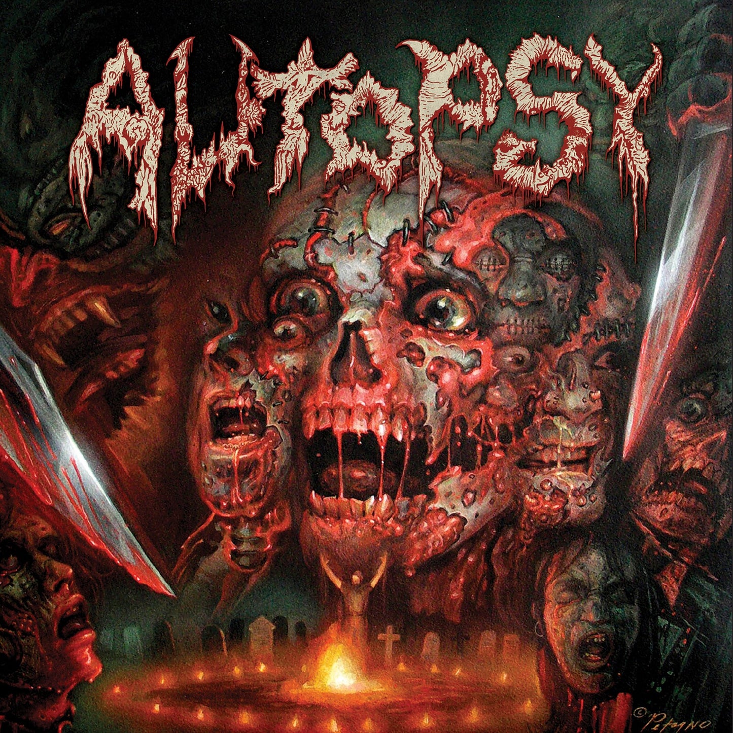 Death metal album cover with grotesque imagery of a screaming, disfigured face.