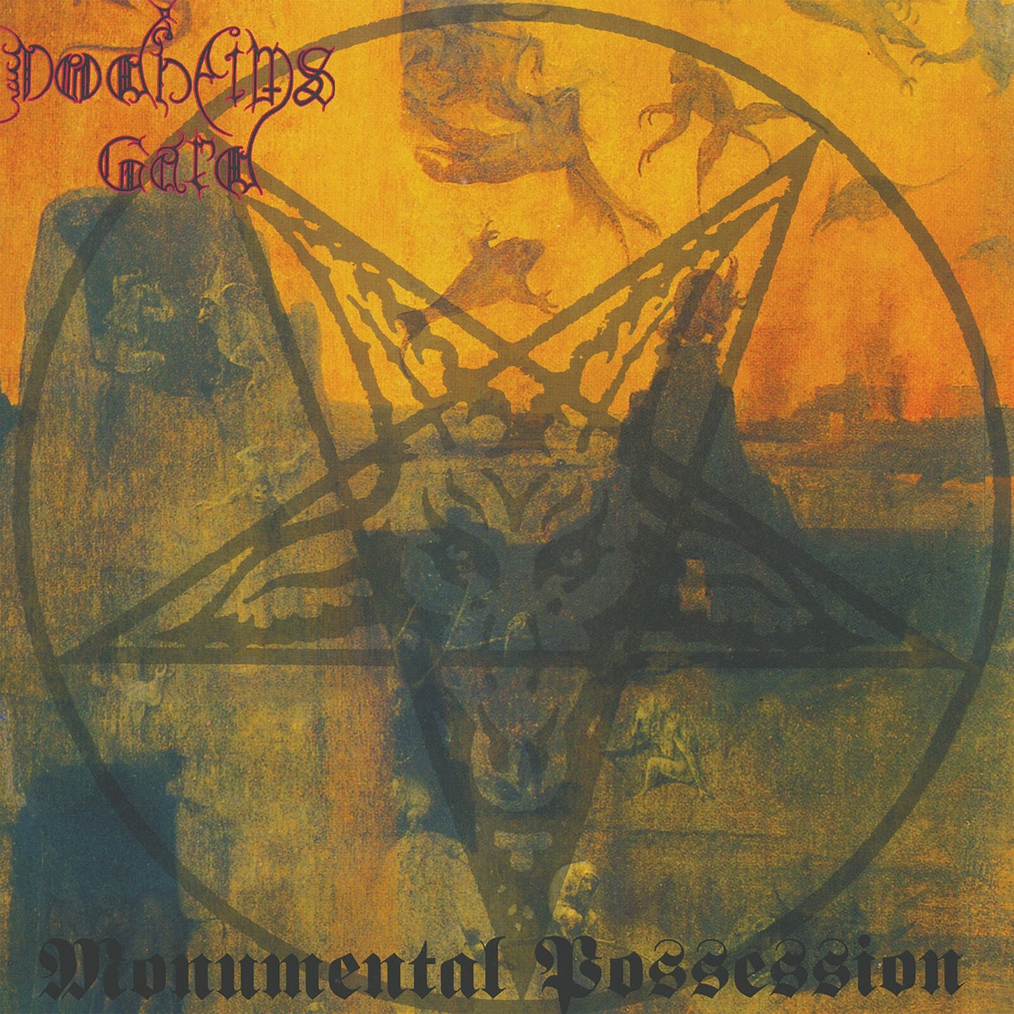 Dodheimsgard album cover: pentagram, figures, and gothic lettering on yellow background.