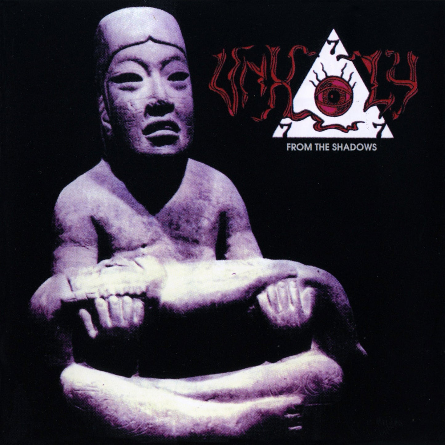 A stone statue holds a smaller figure against a black background with band logo.