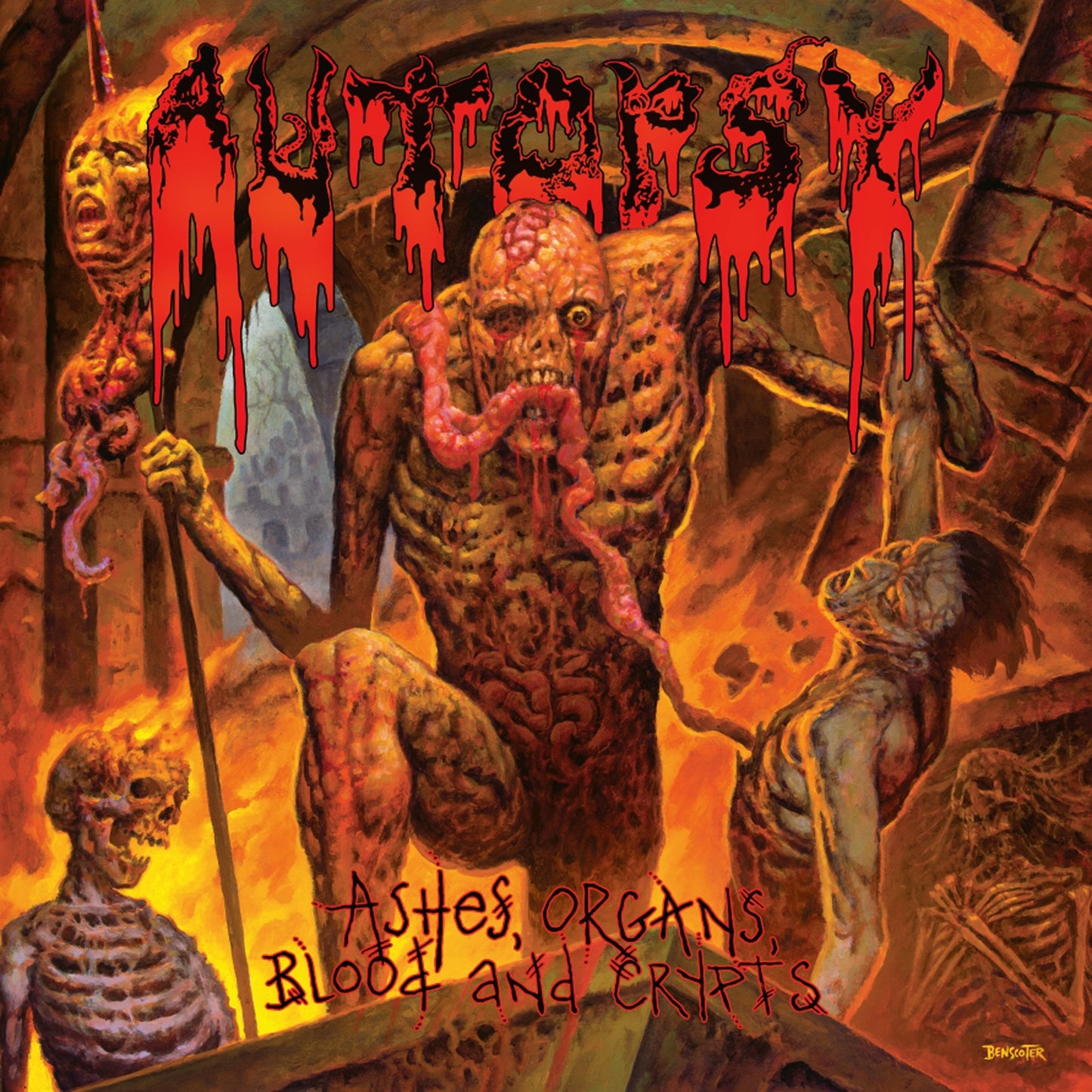 Gory album cover for Autopsy’s “Ashes, Organs, Blood & Crypts” vinyl record.