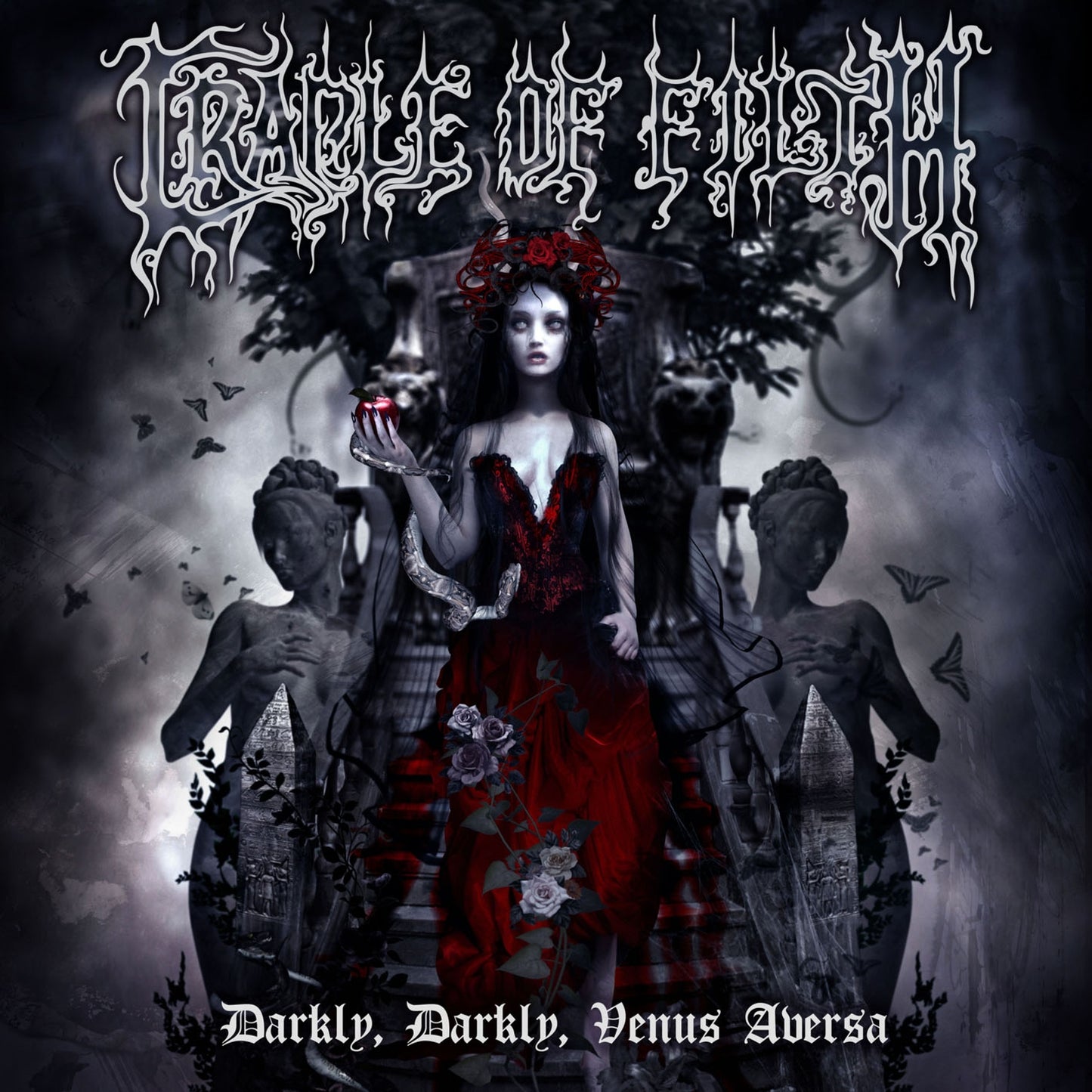 Cradle Of Filth album cover: woman in red dress, gothic imagery.
