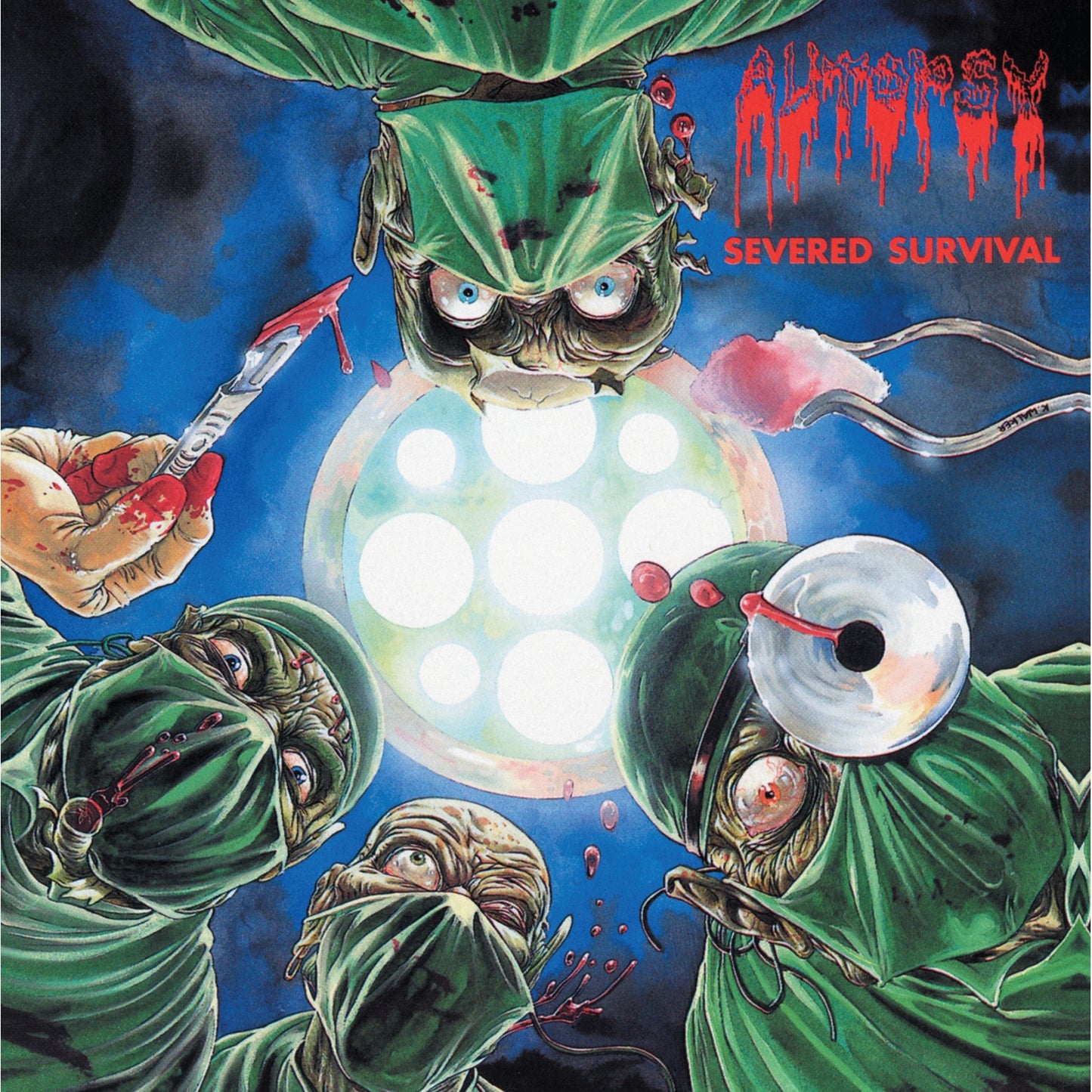 Album cover: grotesque surgical scene with multiple eyes and bloody instruments.